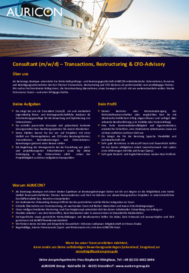 Auricon: Consultant (m/w/d) Transactions, Restructuring & CFO-Advisory