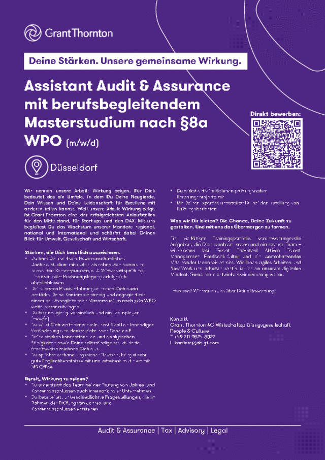 Grant Thornton: Assistant Audit & Assurance mit berufsbegleitendem Masterstudium nach §8a WPO (m/w/d)