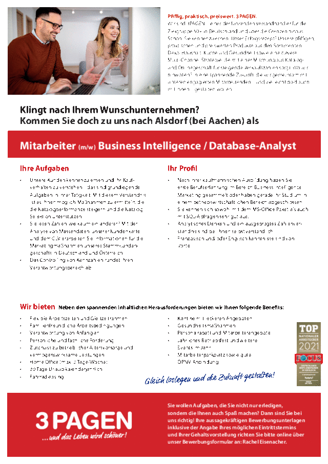 3Pagen: Mitarbeiter (m/w) Business Intelligence / Database-Analyst